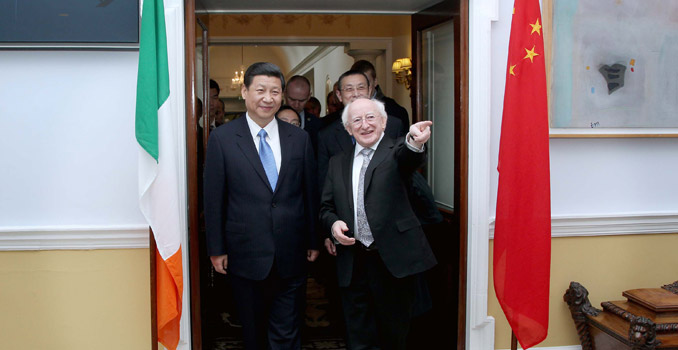 Pic shows H.E. Mr Xi Jinping , Vice President of the People's Republic of China with President of Ireland Michael D. Higgins in Aras An Uachtarain after the two held talks on the third and final day of a three day visit to Ireland as he departs to attend a event in the Royal Hospital Kilmainham.   PIC MAXWELL'S DUBLIN POOL PIX NO FEE